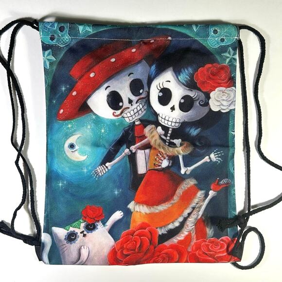 Dia de Los Muertos Sugar Skull Couple Rope Drawstring Canvas Tote Bag - Picture 1 of 5